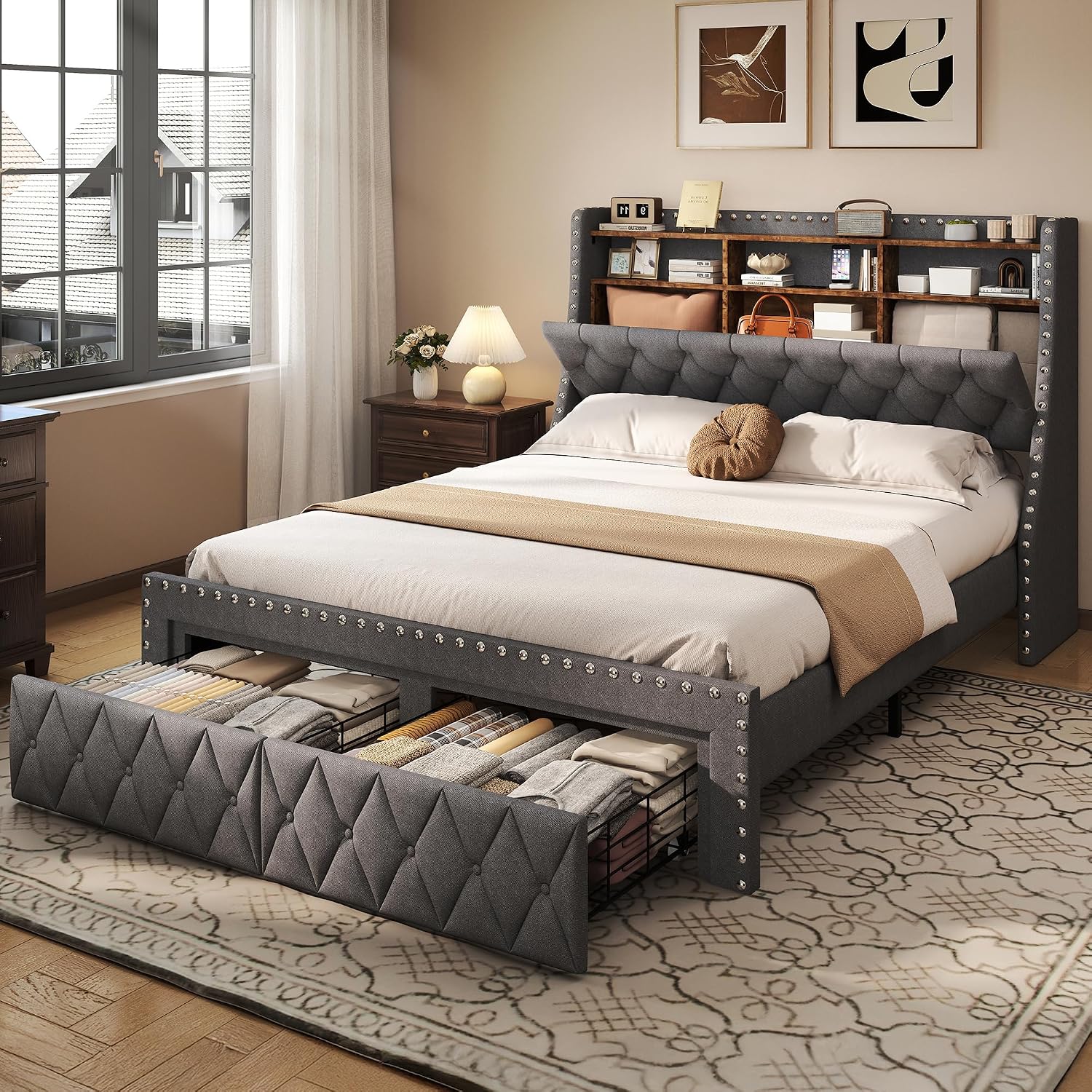 TATAGO Bed Frame with Headboard Upholstered 3-Tier Storage, Metal Bed Frame Built in Charging Station, Storage Drawers with Wheels, No Box Spring Needed, Load 1000lbs Easy Assembly, Grey Queen Size