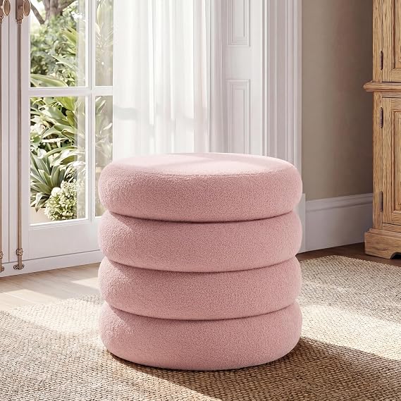 Modern Round Storage Ottoman Coffee Table Boucle Fabric, Large Sherpa Ottoman Footstool with Stripe Line, Pink Vanity Stool with Storage for Bedroom Living Room Dorm