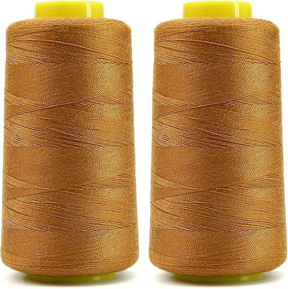 2Pcs 1500 Yards Jean Thread for Sewing Machine, Denim Thread 20s/2 Heavy Duty Strong Thick Bonded Cone Spools for Blue Jeans Bag Shoes Leather Canvas Nylon Hand Sewing 100% Polyester, Gold Color