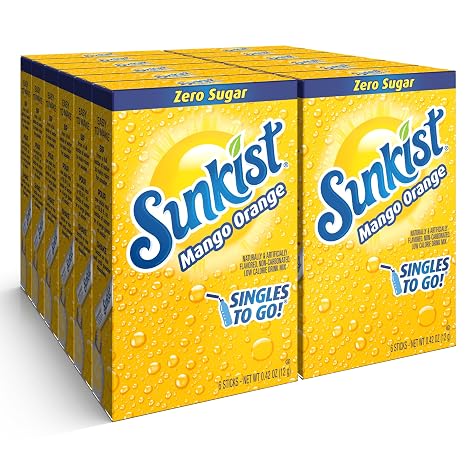 Singles To Go! Sunkist Soda Drink Mix, Mango Orange, 72 Packets | Sugar free mango Orange drink mix packets to flavor water, 12 boxes with 6 packets each