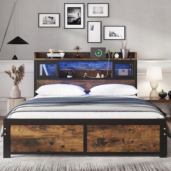 Multifunctional Bed, Black Mental Bed Frame With LED Light Strip and 2 Drawers, 3 Charge Port, Double Bed for Adults and Teenagers