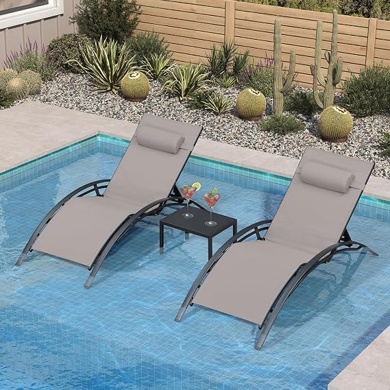 PURPLE LEAF Oversized Pool Chaise Lounge Set with Table Patio Chair, Taupe