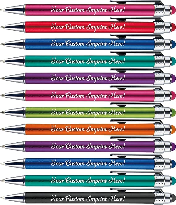 Personalized Pens with Stylus Tip -Bright Vibes- Click action - Custom - Black writing - Printed Name pens - Imprinted with Your Logo or Message - FREE PERSONALIZATION - 12 Pens/Box (Assorted)
