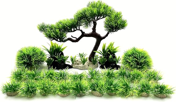 Artificial Aquarium Green Water Plants Tree Set 25 Pcs, Fish Tank Aquarium Decorations (Set 1)