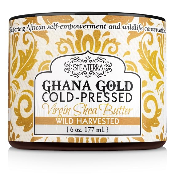 Shea Terra Organics Organic Cold-Pressed Virgin Shea Butter Ghana Gold | Natural Skin Cream for Dry Skin, Itchy Skin, Stretch Marks, Psoriasis & Eczema 6 oz (Wild Harvested)