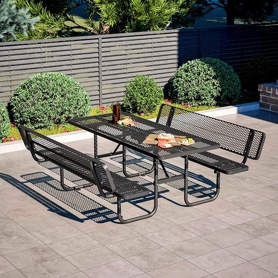 72" Heavy-Duty Iron Mesh Picnic Table Set with Backrest & 1.73" Umbrella Hole Commercial-Grade Outdoor Metal Table and Benches, Rust-Resistant, Heat-Proof, All-Season Use, Patio, Garden, Park, Black