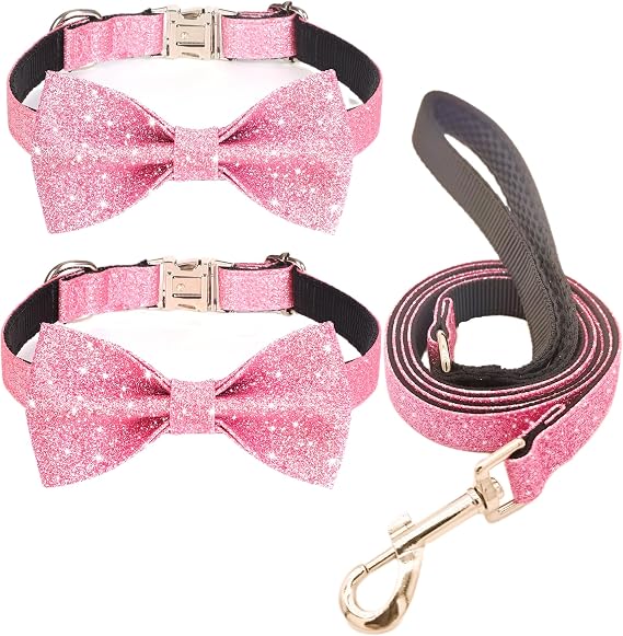 2pcs Medium Dog Collars with 1pcs Leash (Neck fit 13-19) - Bling Pink Medium Dog Collar with Bow