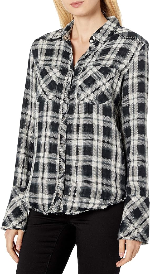 William Rast Women's Mercer Slim Fit Shirt, Black Tartan Windowpane Plaid, Large