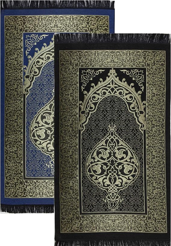 Modefa Muslim Woven Chenille Prayer Rug, Ottoman (Black + Blue) | Thin Chenille and Taffeta Turkish Intricate Metallic Ottoman Salah Mat