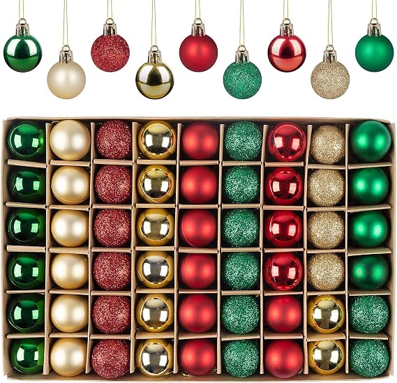 Anstore Christmas Ornaments, 54PCS Christmas Tree Balls with Strings, 1.18 Inches Shatterproof, Multi Color Baubles, Mini Ornaments for Mini Tree (Red,Green,Gold)