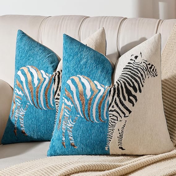 AmHoo Set of 2 Throw Pillow Covers Zebra Chenille Patchwork Decorative Pillows Cover Pillowcase for Sofa Couch Bed 18 x 18-Inch Mosaic Blue