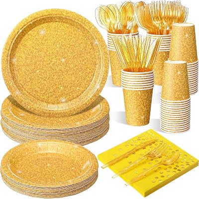 Hushee 175 Pcs Gold Holographic Print Party Disposable Dinnerware Set Include Paper Plates, Napkins, Cups, Plastic Forks, Knives, and Spoons for Valentines New Years Eve Party Supplies