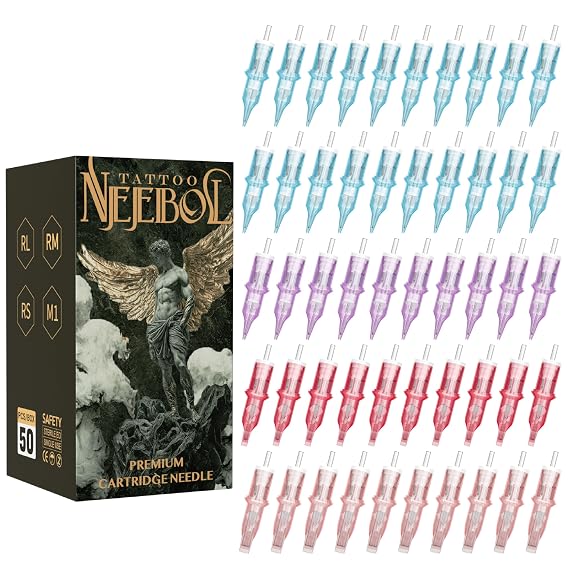 Neebol 50PCS Mixed Tattoo Cartridge Needles, #12 Set for Tattoo Artists | For Fine Lines, Bold Outlines, Shading and Color Packing; 10 Assorted Sizes with EO-Sterilized Anti-Backflow Cartridges