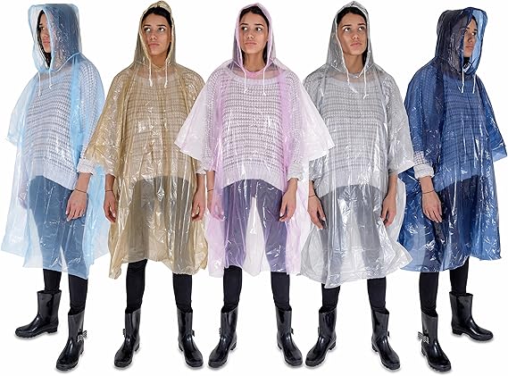 Disposable Rain Ponchos Family Pack for Adults - Lightweight Emergency Waterproof Rain Poncho for Women and Men with Drawstring Hood Travel Rain Poncho- 5 Pack