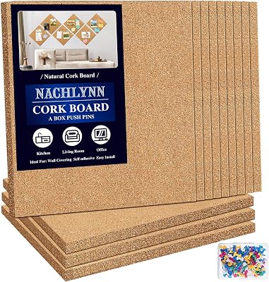 NACHLYNN Cork Board 12 Pack 12 x 12 Self-Adhesive Corkboards for Wall Square Bulletin Board with 100 Push Pins Frameless Cork Tiles for Walls Home Office