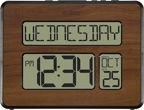 La Crosse Technology 513-1419-WA-INT Atomic Large Full Digital Calendar Clock, Walnut, 9.84"L x 1.14"W x 7.48"H