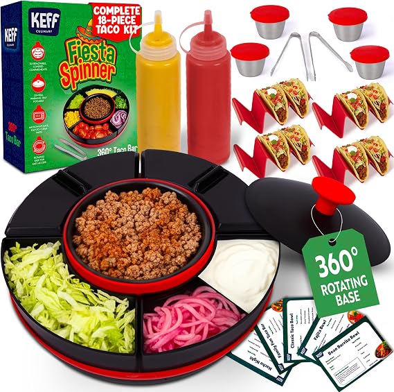 KEFF Taco Tuesday Kit, Electric Heated Taco Bar Serving Set with 360 Rotating Lazy Susan Tray, 6 Compartments, Taco Holders, Condiment Containers, Squeeze Bottles, Tongs & Recipe Cards