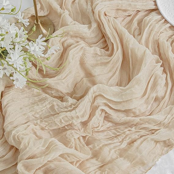 Beige Cheesecloth Table Runner Gauze Rustic Boho Party Decoration | 35x120 Inches, Fall Ivory Gauze Table Runner for Wedding Party Engagement Bridal Shower Home Decor Birthday Decoration