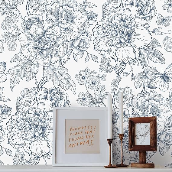 Blue Floral Wallpaper Peel and Stick, Hydrangea, Boho 118" x 17.3"