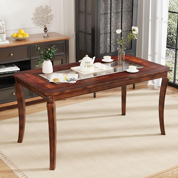 59.1" Traditional Dining Table for 4-6, Solid Wood Rustic Kitchen Table with Large Glass Tabletop, Wooden Rectangular Dinner Table for Dining Room, Home Office, Living Room Furniture, Easy Assembly