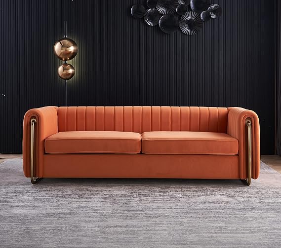 Yoglad Modern Velvet Chesterfield Sofa, Upholstered Couch, Tufted 3 Seat Sofa with Metal Legs, Soft Cushion Settee, Furniture for Living Room, Office, Apartment (Orange, 84" Velvet)