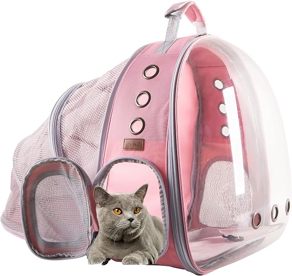 Cat Backpack Carriers,Pet Bubble Backpack-Airlined Approved Dome Cat Backpack Carrier Expandable for Traveling Hiking Camping (Expandable Pink)