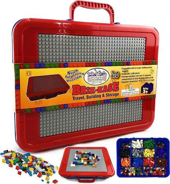 Matty's Toy Stop Brik-Kase 2.0 Travel, Building, Storage & Organizer Container Case with Building Plate Lid (Holds Approx 2000pcs) - Compatible With All Major Brands (Blue, Red & Gray)