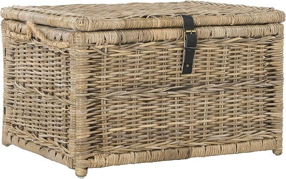 happimess Caden Collapsible Wicker Storage Trunk Chest 30", Natural | Hand-Woven Rattan Kubusoft Gray, Leather Strap Accent, Lidded Design, Folds Flat, Coastal Style, Dorm Organizer