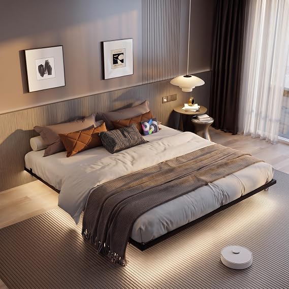 Floating Bed Frame Queen Size with Charging Station and LED Lights, Metal Queen Platform Bed Frame, 1000 lbs Capacity,No Box Spring Needed, Easy Assembly, (Queen)