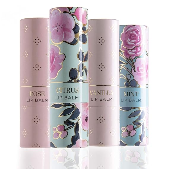 Beauty Concepts 4 Pack Lip Balm Set- Moisturizing Lip Balm, Lip Repair and Hydration, in Mint, Vanilla, Citrus, and Rose, with Light Green Floral Gift Box