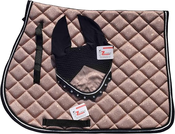 Rose Gold Glitter Saddle Pad Set Matching Ear Bonnet | Equestrian Show Gear | Horse Riding Matchy Set | Dressage or Jumping/Hunter