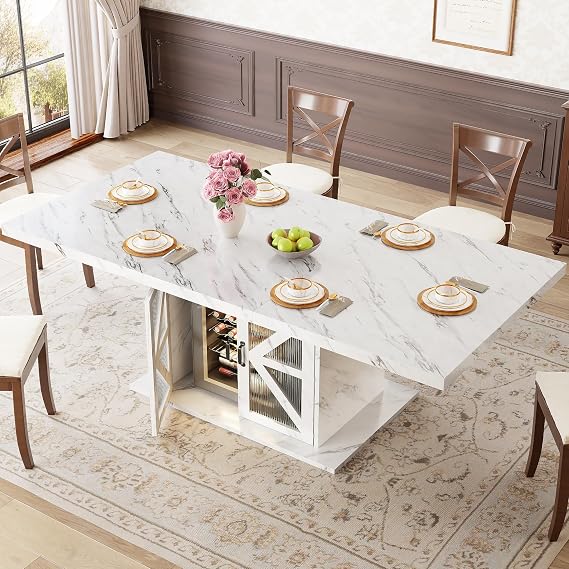 LVB Modern Dining Table for 4 to 6, White Rectangle Kitchen Table with Storage, Wooden Pedestal Dining Room Table with Fridge Space, Large Dinner Tables for Home,Living Room,White Faux Marble, 160 CM | Rectangle Kitchen Table with Storage, Wood Pedestal Dining Room Table with Fridge Space, Large Dinner Tables for Living Room