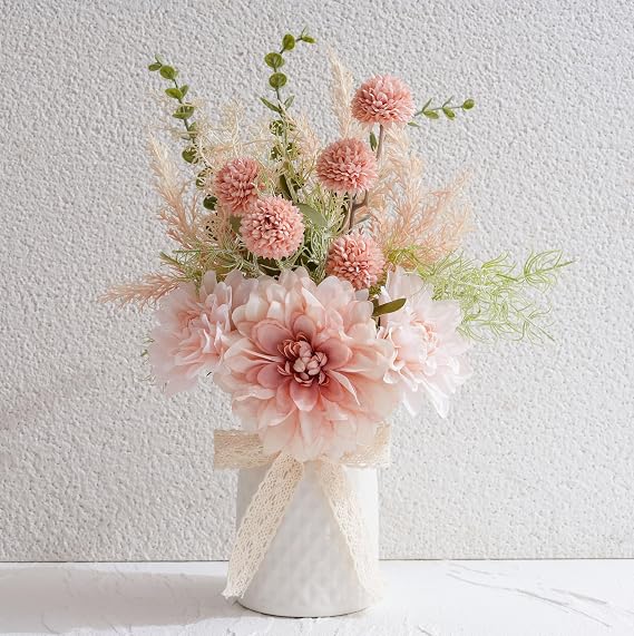 LUEUR Artificial Flowers with Ceramic Vase Centerpieces Spring Silk Pink Flower Arrangement for Coffee Table Decor, Faux Flower Bouquet for Home Indoor Decoration, Bathroom, Dining Room, Kitchen