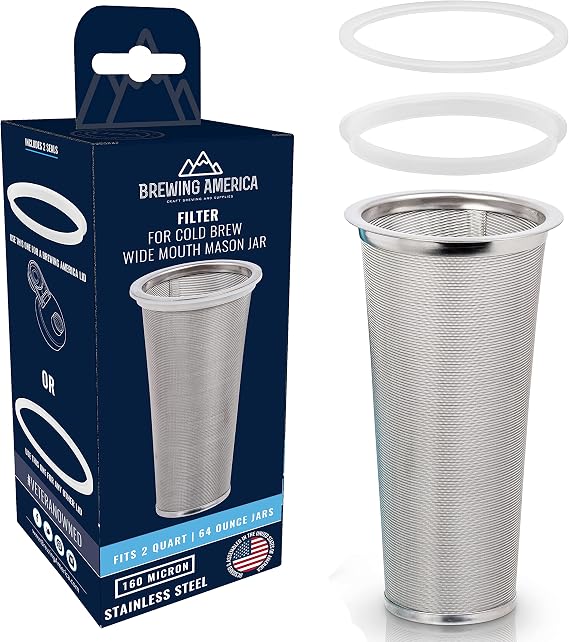 Cold Brew Filter for Mason Jar Wide Mouth Coffee Maker, UPGRADED Stainless Steel Mesh with Silicone Seals 2 Quart (64 Ounces)