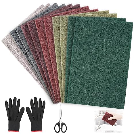 12Pcs Abrasive Pads 150x230mm, Scouring Pads 6 Grits 600/800/1000/1200/1500/3000, Flexible Sanding Pads Washable and Reusable with Gloves Tools, for Polishing Metal, Wood, Stainless Steel