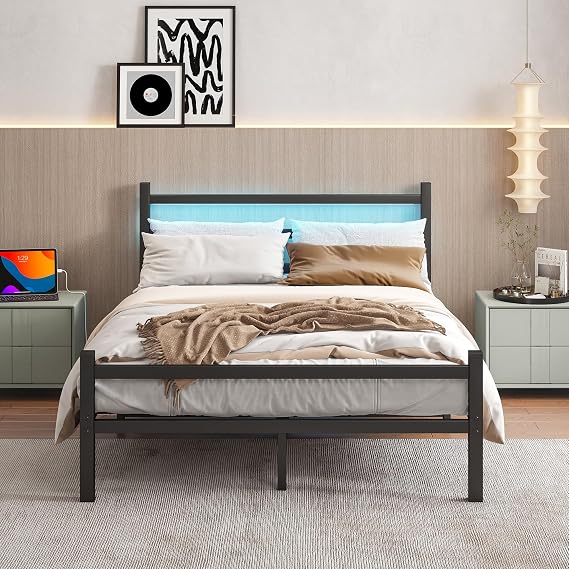 Double Bed Frame with Headboard & LED Lights,4ft6 Metal Bed Frame Double Bed with Charging Station,Mattress Base/Strong Steel Slats Support/Under-bed Storage/Easy Assembly/Black