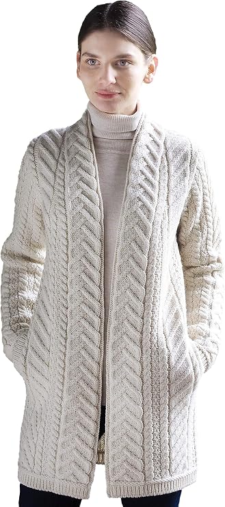 Aran Crafts Women's Edge to Edge Cardigan Coat (100% Super Soft Merino Wool)