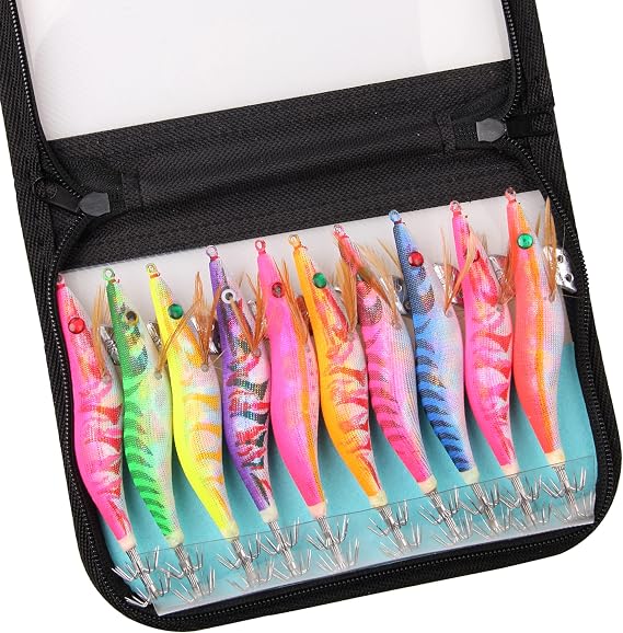 Squid Jig Saltwater Glow Squid Lures, 10pcs Luminous Cuttlefish Sleeve Fishing Jigs Shrimp Prawn Lures Atrificial 3D Fluorescent Squid Jigs Hard Night Fishing Bait Octopus Lure