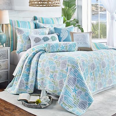 Levtex Home - Deva Beach Quilt Set - King Quilt 106x92in.  Two King Pillow Shams 36x20in. - Coastal - Teal, Grey, Green and White - Reversible - Cotton