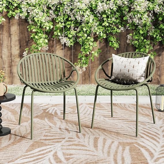 Patio Dining Chairs Stackable Chairs with Breathable Design Modern Simple Art Style (Set of 2),Metal Legs+Plastic backrest,Green Green